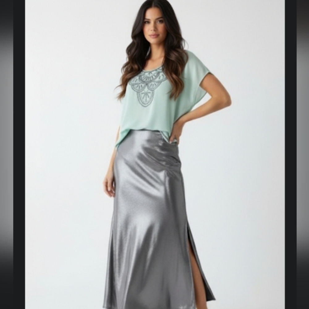 Decreed Sheer Bohemian Mint Beaded Sequined Low Scoop Back Flowy Feminine Top L